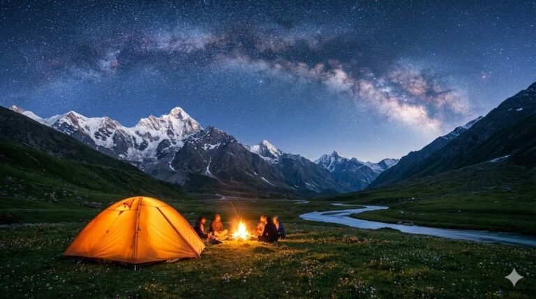 Night camping in Uttarakhand Himalayas with glowing tent and snow peaks 2026 guide