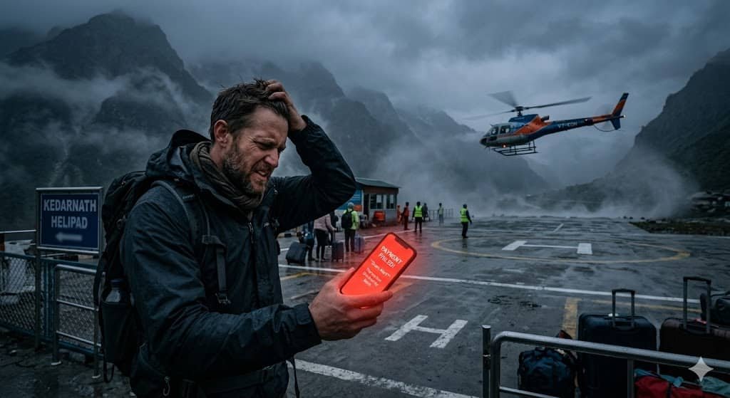 Pilgrim realizing they were scammed by a fake Kedarnath helicopter booking website.