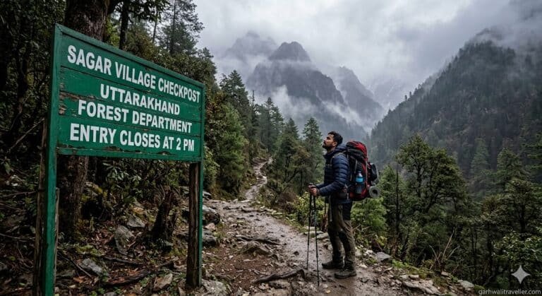 A hyper-realistic, wide-angle photograph of a thick forest trail leading up into the misty Himalayan mountains. In the foreground, a rugged green forest department signboard reads "Sagar Village Checkpost - Entry Closes at 2 PM". A trekker wearing a heavy backpack and holding dual trekking poles is standing near the sign, looking up at the steep ascent. Cinematic, moody lighting, highly detailed, 8k resolution.