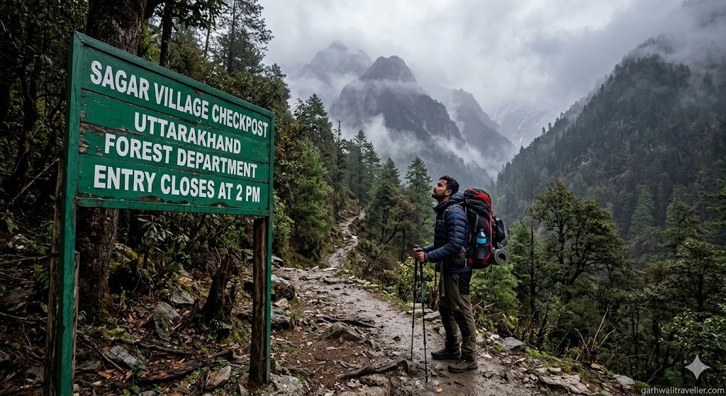 A hyper-realistic, wide-angle photograph of a thick forest trail leading up into the misty Himalayan mountains. In the foreground, a rugged green forest department signboard reads "Sagar Village Checkpost - Entry Closes at 2 PM". A trekker wearing a heavy backpack and holding dual trekking poles is standing near the sign, looking up at the steep ascent. Cinematic, moody lighting, highly detailed, 8k resolution.