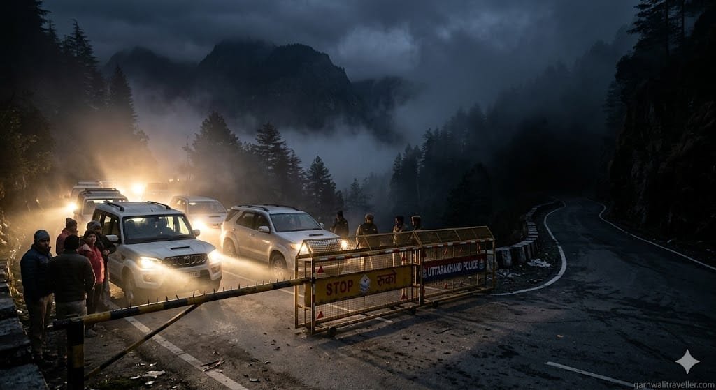 Char Dham 10 PM night driving curfew barrier stopping vehicles on a mountain road.