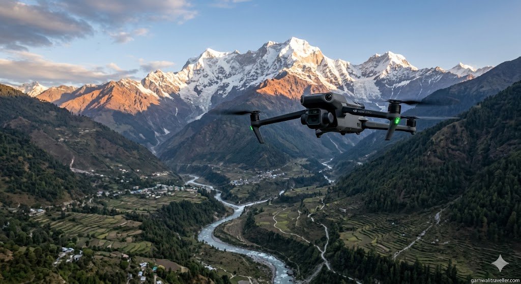 A tech-forward, cinematic, and professional wide-angle shot of a modern DJI drone hovering over the Mandakini river valley, with the dramatic snow-capped Chaukhamba peaks in the background. Clean, modern, and high-tech visual aesthetics. Crisp focus on the drone hardware in the foreground, dramatic morning mountain lighting, ultra-realistic, 8k resolution, professional travel photography style.