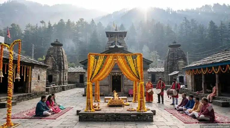 Traditional wedding planner setup and mandap decor at Triyuginarayan temple courtyard in Uttarakhand