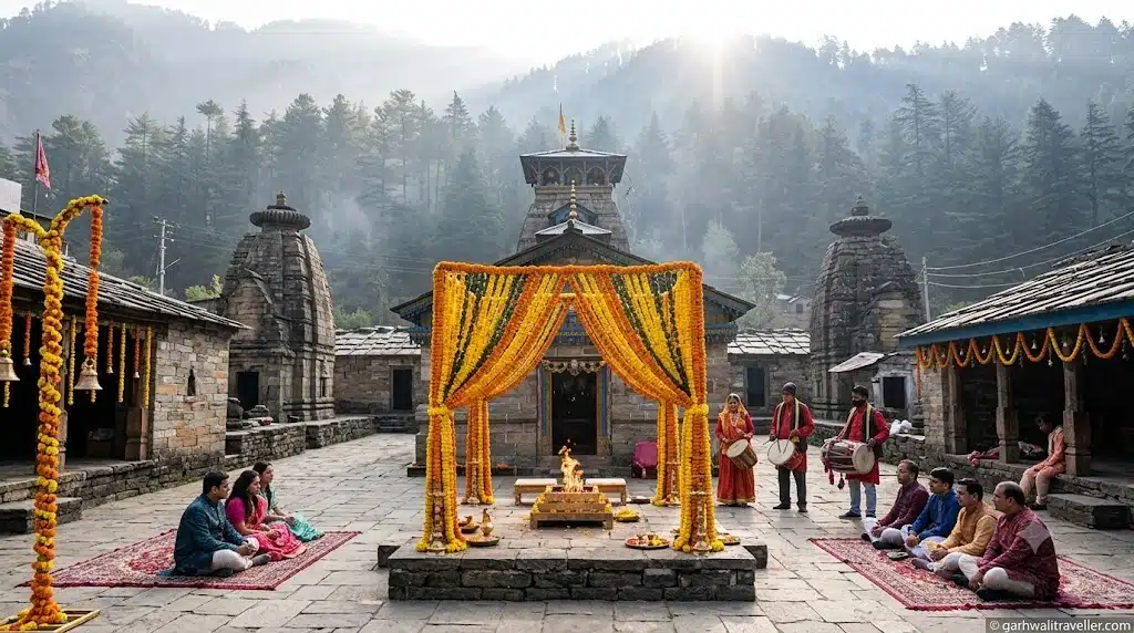 Traditional wedding planner setup and mandap decor at Triyuginarayan temple courtyard in Uttarakhand