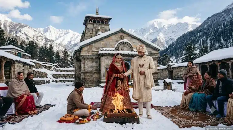 Bride and groom performing rituals at a snow-covered Triyuginarayan Temple courtyard in the winter Himalayas