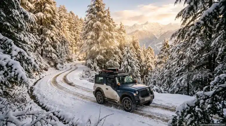 Featured Image Prompt: Cinematic action shot of a 4x4 SUV driving along a narrow snow-covered mountain road flanked by towering deodar trees covered in heavy snow, Chakrata Uttarakhand, morning golden hour sunlight filtering through trees, motion blur on wheels, dramatic travel photography --ar 16:9