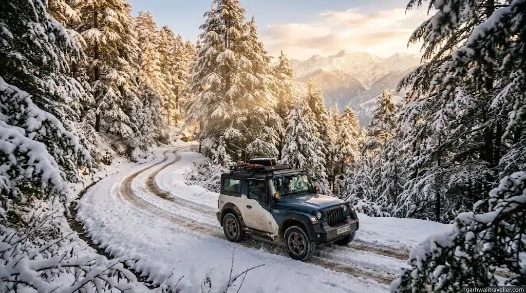 Featured Image Prompt: Cinematic action shot of a 4x4 SUV driving along a narrow snow-covered mountain road flanked by towering deodar trees covered in heavy snow, Chakrata Uttarakhand, morning golden hour sunlight filtering through trees, motion blur on wheels, dramatic travel photography --ar 16:9