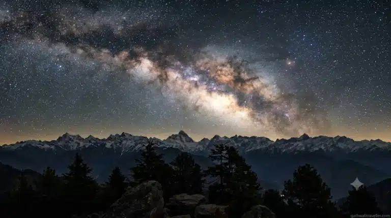 Featured Banner Image Prompt: A dramatic astrophotography photograph shot from a mountain ridge at Kasar Devi Uttarakhand, bright Milky Way galaxy arching across a clear night sky filled with stars, snow-capped Himalayan peak silhouettes in background, dark pine trees foreground, long exposure, photorealistic, 8k --ar 16:9