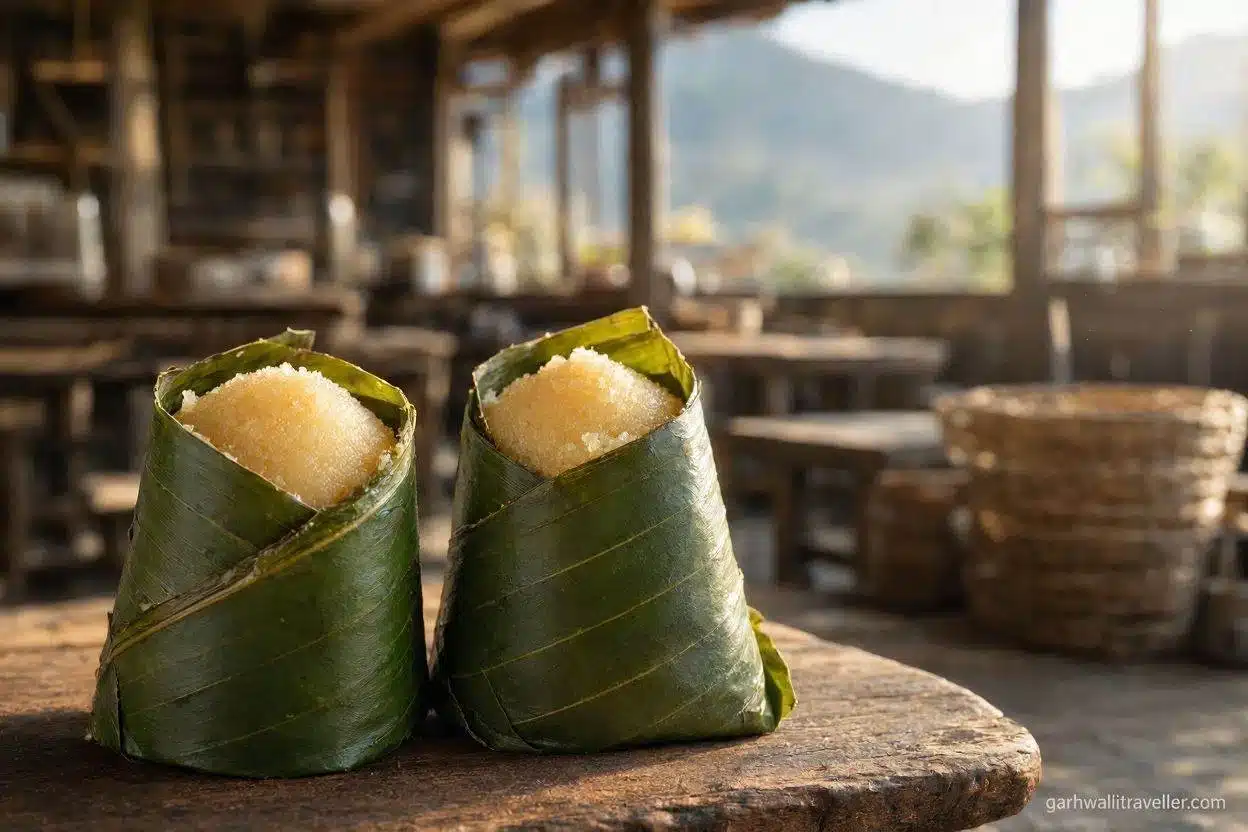 A beautiful, close-up editorial food photography shot of authentic Uttarakhand Singori sweets. Two cone-shaped sweets wrapped in fresh green Malu leaves filled with soft, light-golden khoya fudge, neatly displayed on a rustic dark wooden surface.
