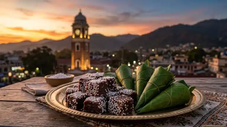 A high-quality, photorealistic editorial food photography shot of famous Dehradun sweets. In the foreground, a beautiful brass platter displaying dark brown Bal Mithai coated in white sugar balls, alongside cone-shaped Singori wrapped in fresh green Malu leaves. In the softly blurred background, the iconic Dehradun Clock Tower and a hint of the Himalayan foothills at sunset.