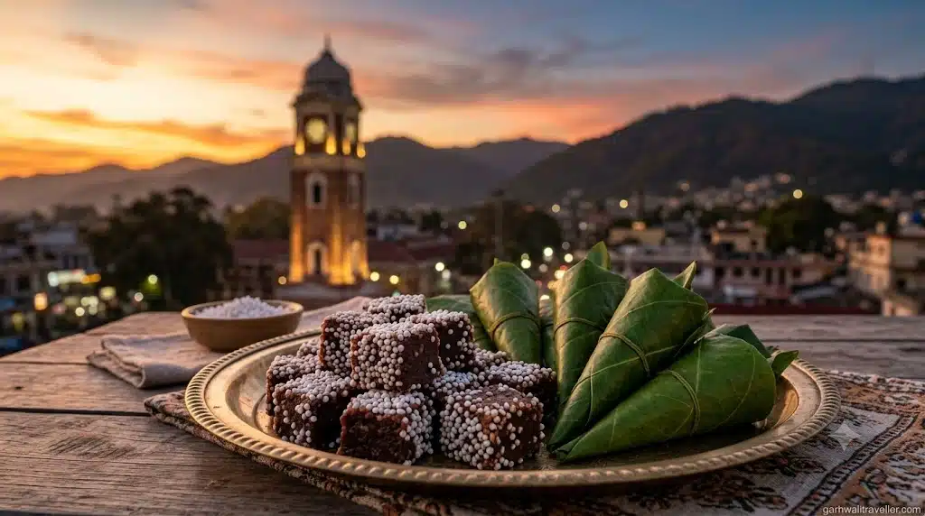 A high-quality, photorealistic editorial food photography shot of famous Dehradun sweets. In the foreground, a beautiful brass platter displaying dark brown Bal Mithai coated in white sugar balls, alongside cone-shaped Singori wrapped in fresh green Malu leaves. In the softly blurred background, the iconic Dehradun Clock Tower and a hint of the Himalayan foothills at sunset.